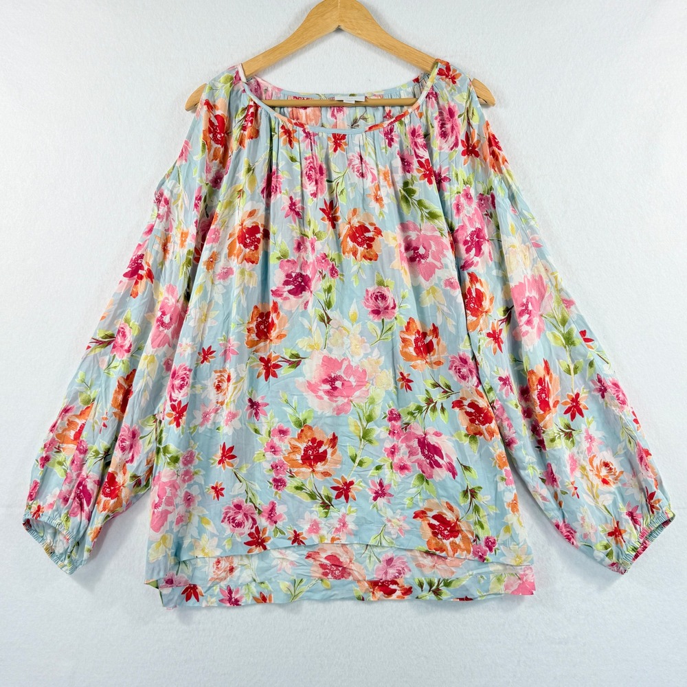 J. Jill Flowy Blouse Womens 3X Cold Shoulder Blue Floral Boho Cottagecore Top